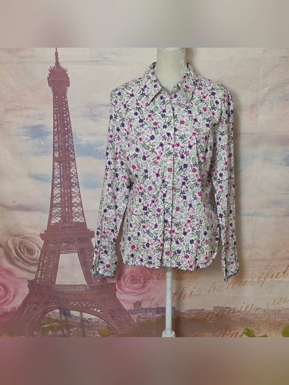 Jamaica Bay Floral Button-Up Shirt - White with Purple & Pink Floral